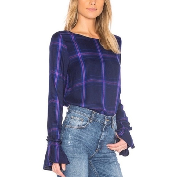⚡️$10⚡️Sanctuary | Purple/Blue Plaid Flannel Ruffled-Cuff Top - Picture 1 of 16
